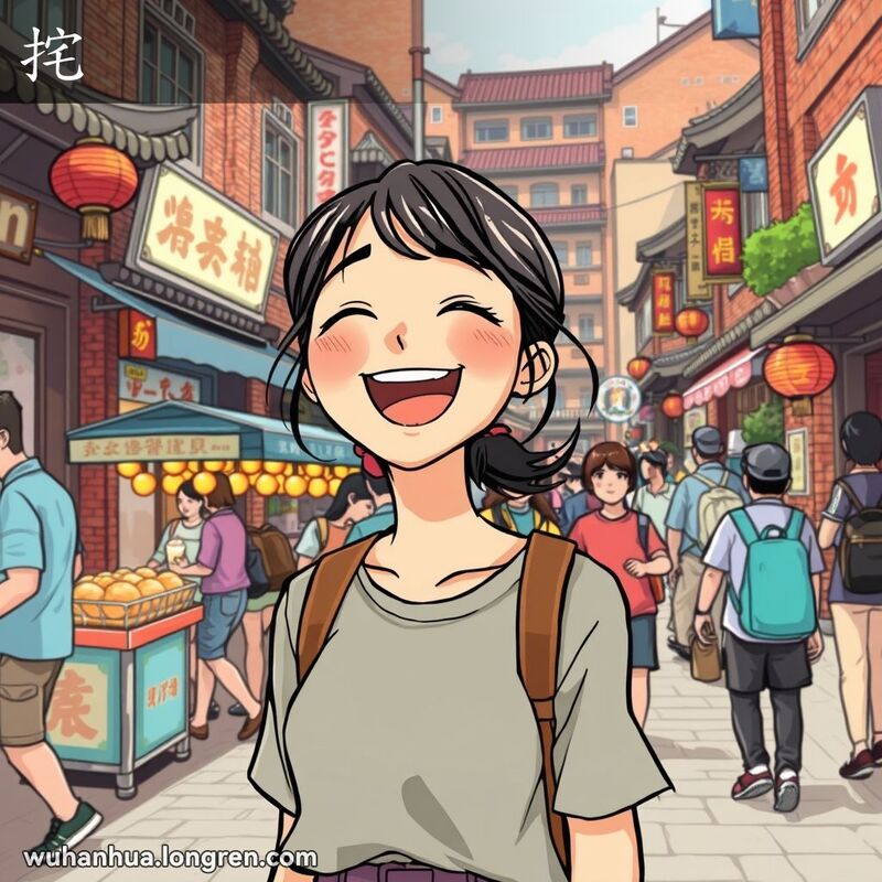 一位年轻女子在武汉街头开怀大笑，嘴巴张得很大，背景是繁忙的老街景