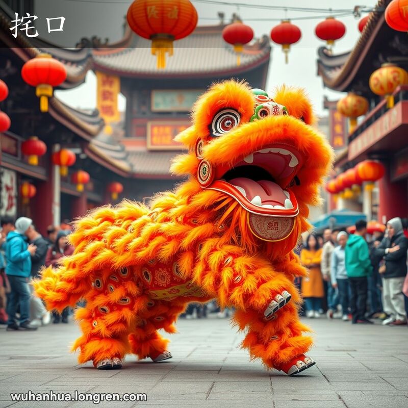 舞狮者在武汉街头表演，张大狮子的嘴巴，背景是传统中国建筑和观众