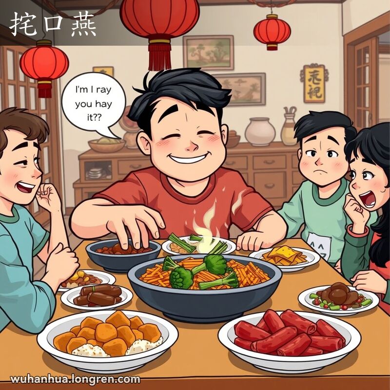 一位懒人坐在餐桌旁，迫不及待地拿食物，周围的人略带不满地看着他，背景是温馨的家庭环境。