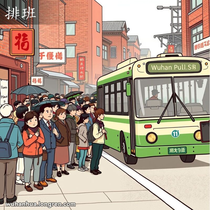 武汉街头公交车前，市民排成长队等待上车，背景是武汉老街景