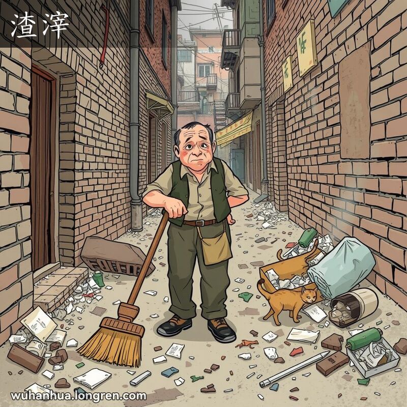 武汉小巷，地上垃圾遍地，一位男子正在扫地，脸上露出不满的表情，背景有老旧建筑和流浪猫。