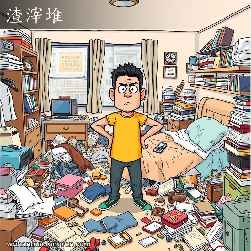 一个杂乱无章的房间，中间站着一个表情沮丧的人，背景是武汉的街景