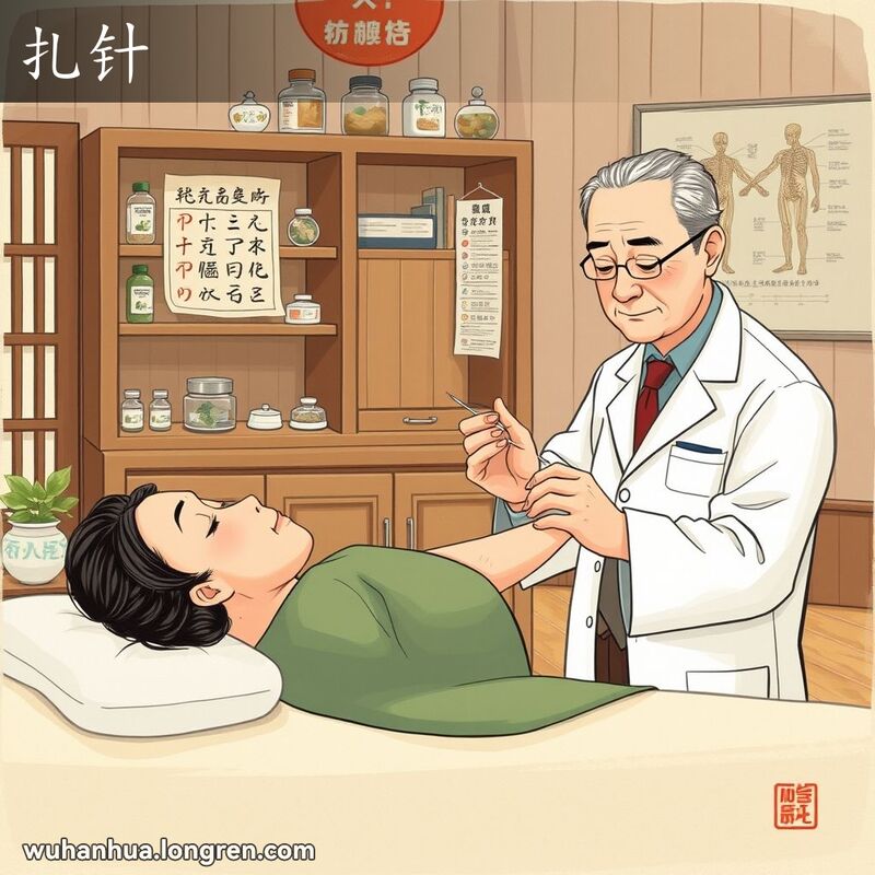 中医医生在诊所内为病人进行针灸治疗，背景有中药柜和针灸穴位图