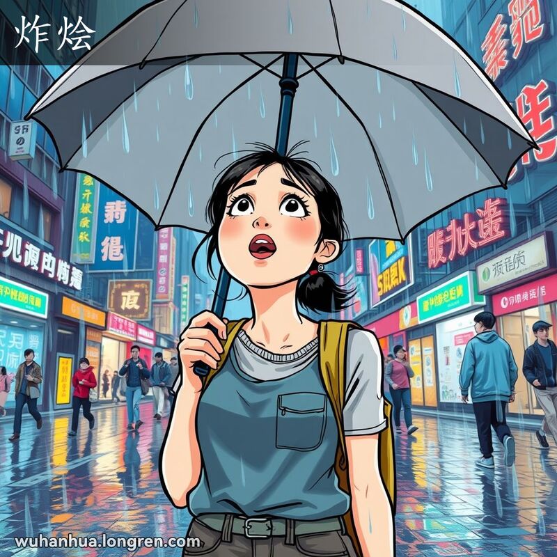 一位武汉女子在大雨中撑伞，脸上露出惊讶的表情，背景是繁忙的武汉街景