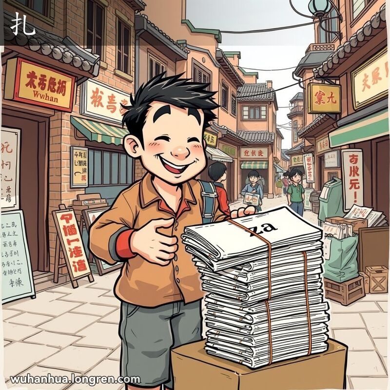 一位武汉摊主在整理一沓报纸，背景是武汉老街景