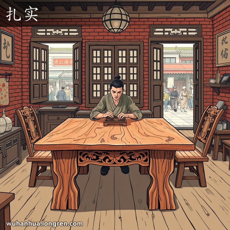 一张坚固结实的木桌，一位男子坐在桌前专注工作，背景是武汉老房子。