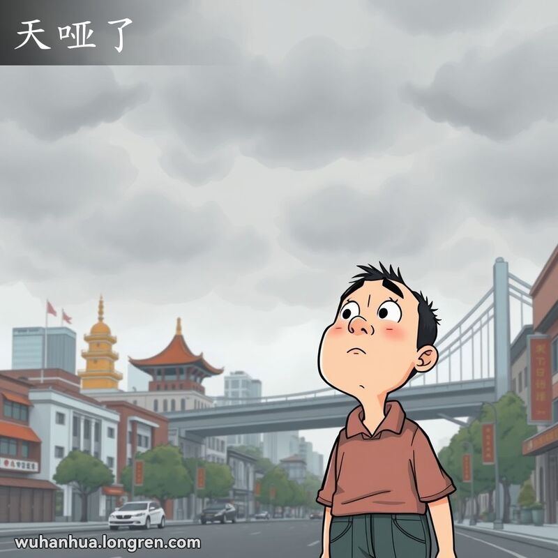 武汉市的一条街道在阴天，市民抬头望天，脸上带着惊讶和失望的表情，背景有黄鹤楼和长江大桥。