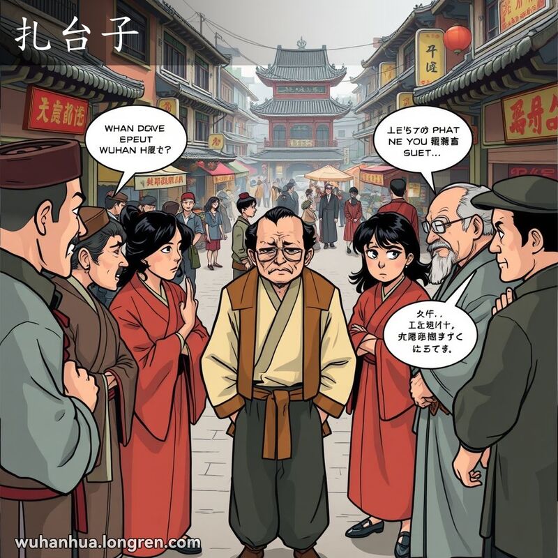 一群人围成一圈，窃窃私语，阴谋策划对付中央的男子，背景是武汉老街景