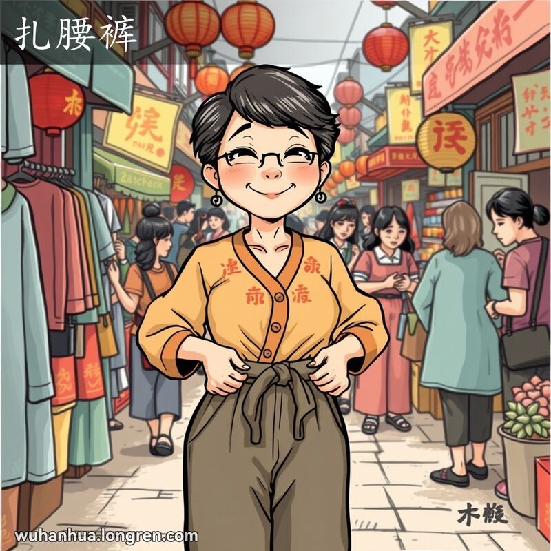 一位中年妇女在武汉街市上穿着扎腰裤，手扶裤腰，背景是热闹的市场和传统服饰。