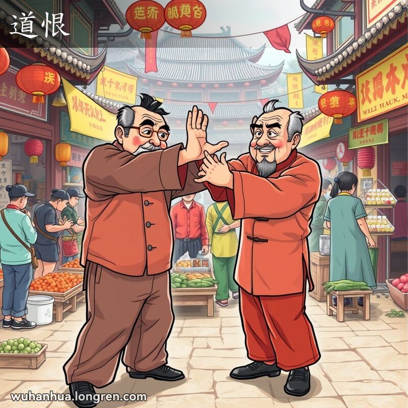 两位中年男子在武汉市场中展示武术动作，背景是繁忙的市场摊位和行人