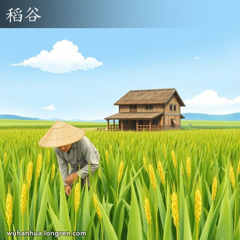 一位武汉农民在茂盛的稻田中检查成熟的稻穗，背景是传统的木质茅草屋和广阔的稻田。