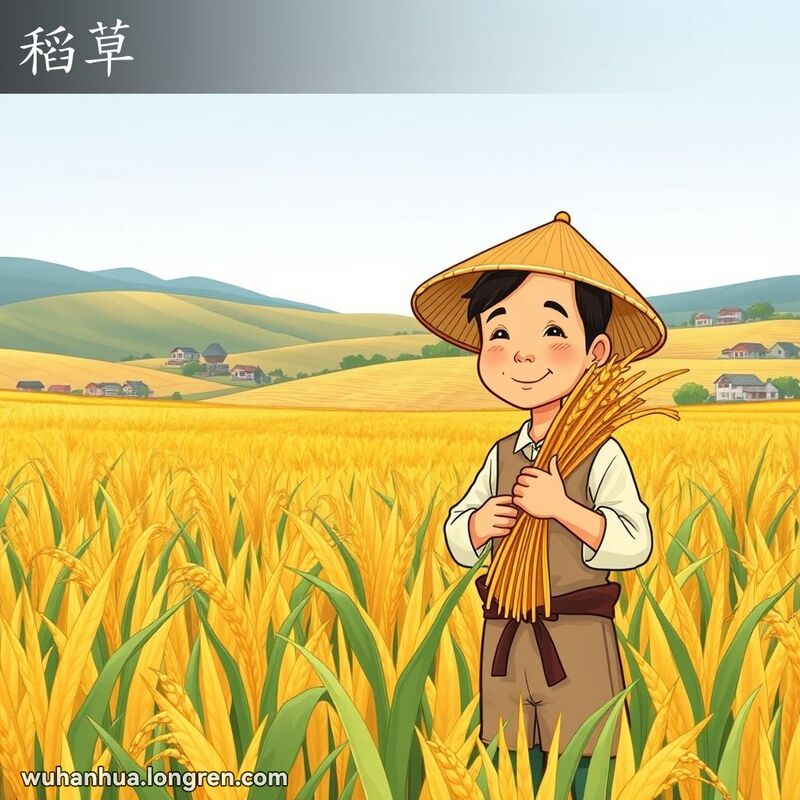 一位武汉农民站在稻田前，手持一捆稻草，背景是宁静的乡村景色
