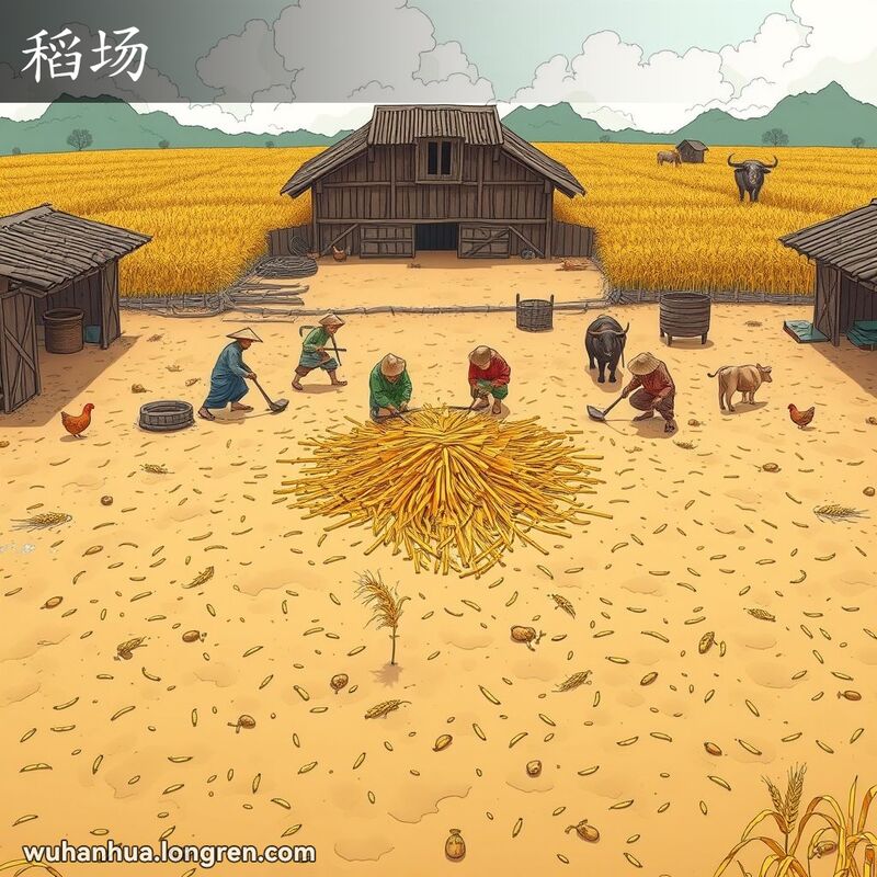 一个传统的武汉农村打谷场，农民们正在脱粒，周围是金黄的稻田和麦田，背景有木质仓库和家禽。