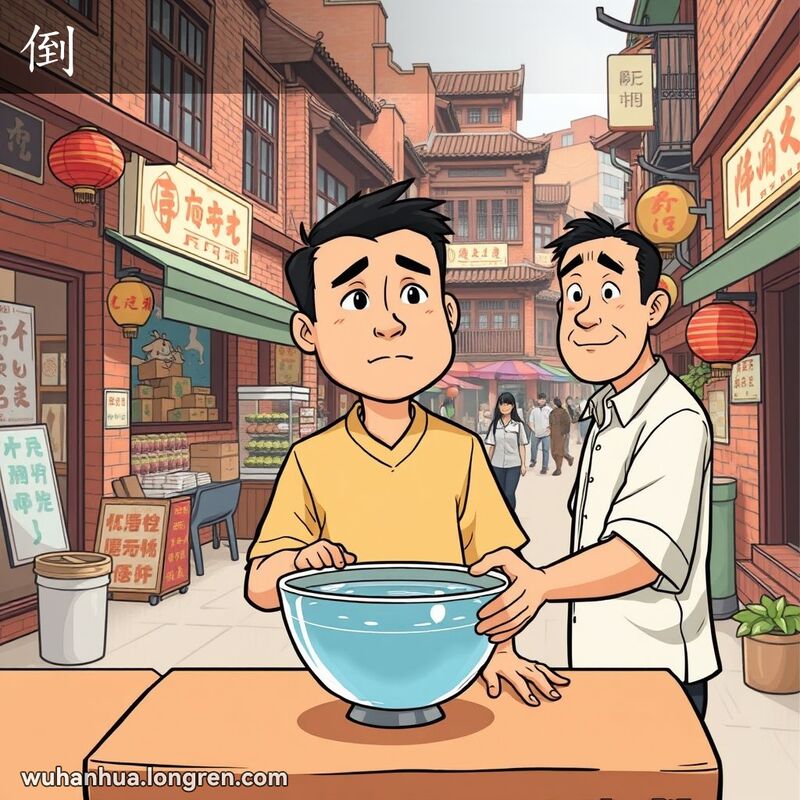 一位武汉男子站在街边桌旁，桌上放着一碗水，背景是武汉老街景