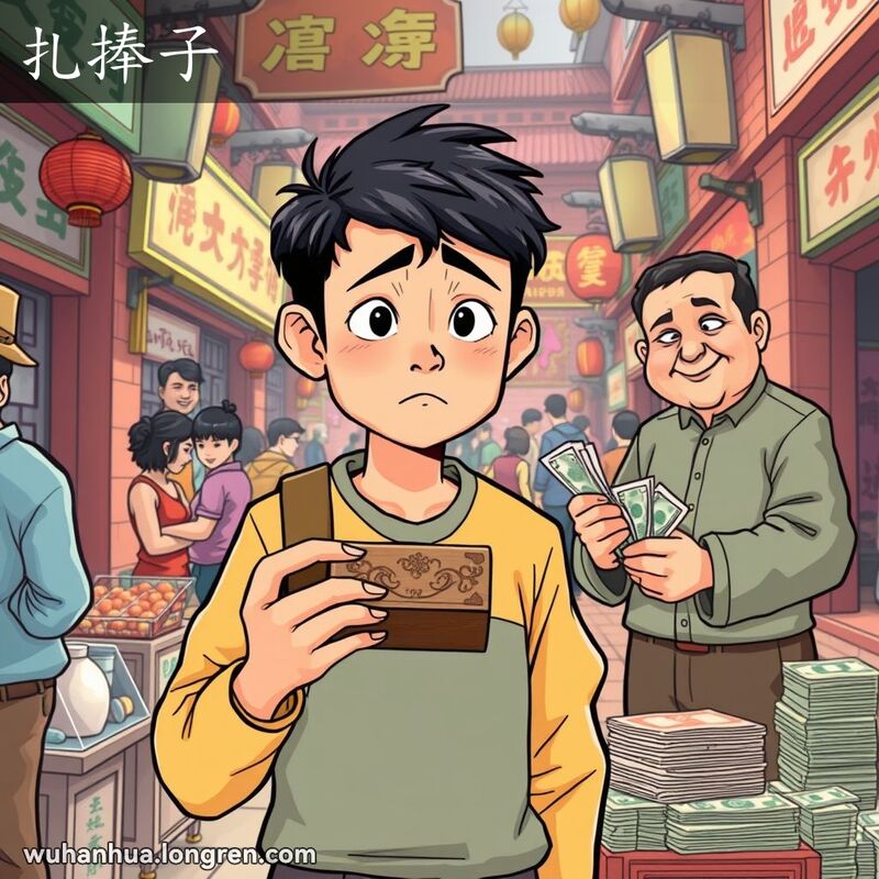 一位年轻的武汉市民在市场中手持木盒，露出困惑和失望的表情，背后是奸诈的商贩在数钱，背景是武汉传统建筑。