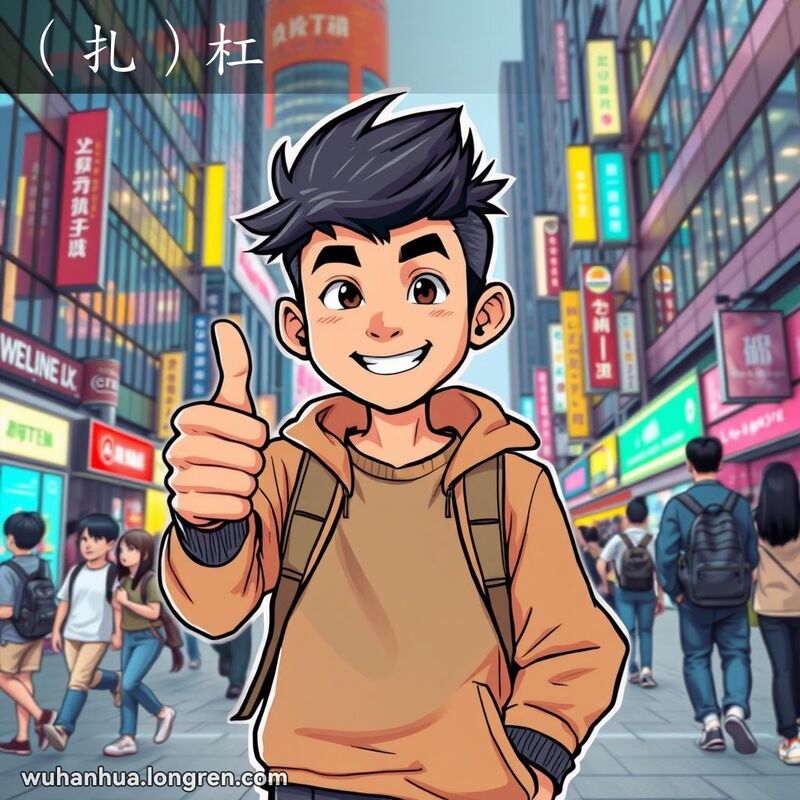 一位年轻的武汉市民在繁忙的城市街道上自信地竖起大拇指，表情坚定，背景是高楼大厦和霓虹灯，象征着‘（扎）杠’的意思。