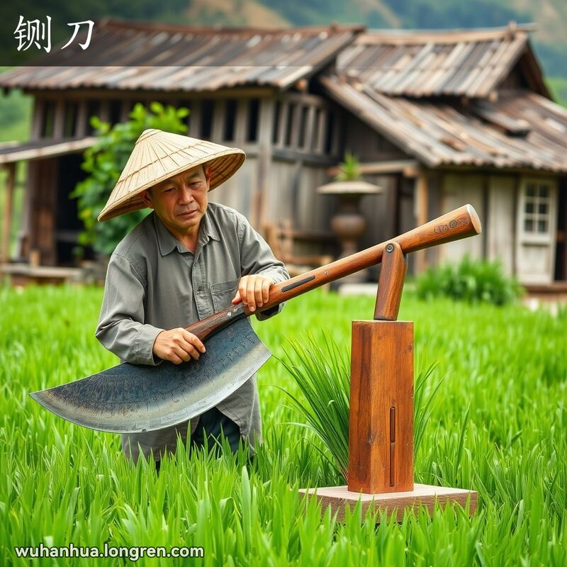 一位农民在农田中使用铡刀切草，铡刀安装在木质底槽上，背景是传统的中国农村景象
