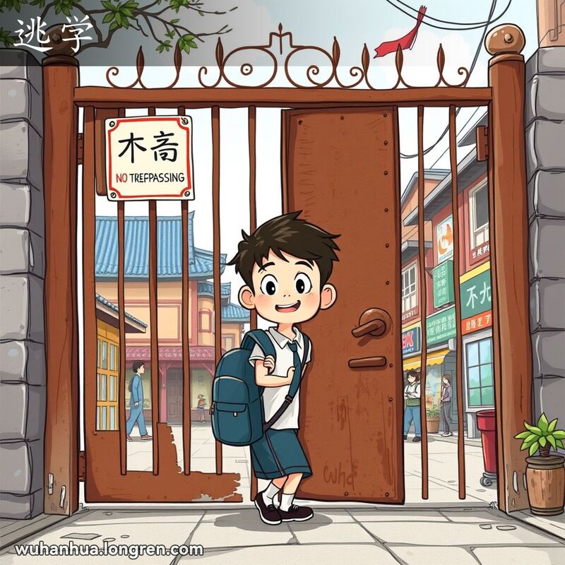 一位学生偷偷溜出校门，背景是武汉老街景，校门上有一块写着“禁止入内”的牌子