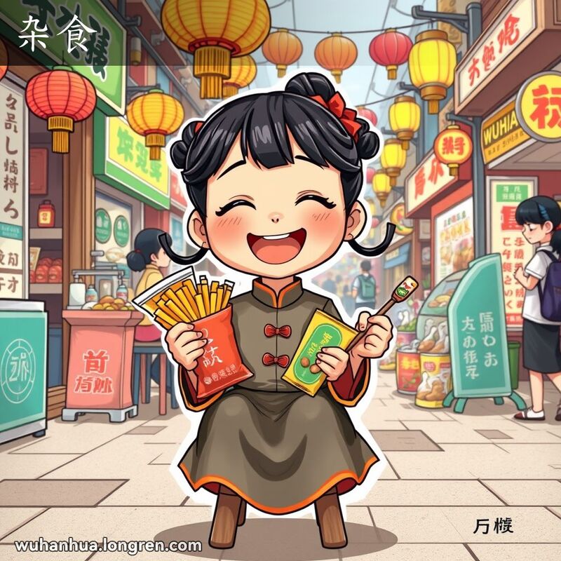 一位武汉小女孩坐在街边小吃摊前，手里拿着各种零食，脸上洋溢着喜悦和兴奋的表情，背景是热闹的武汉街景