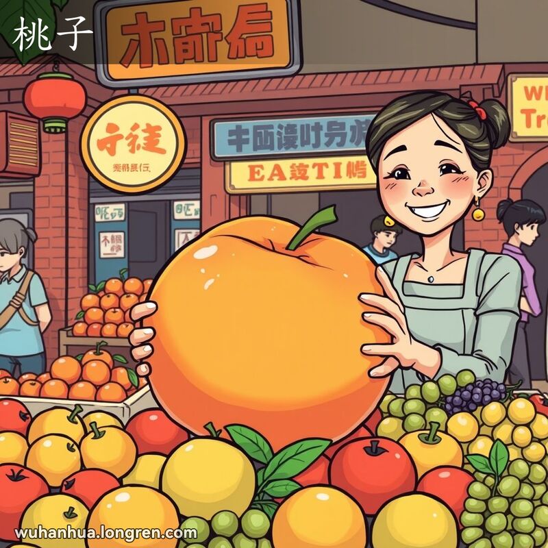 武汉市场上的水果摊，中央摆放着一个大而多汁的桃子，摊主微笑邀请顾客品尝，背景是武汉传统建筑。
