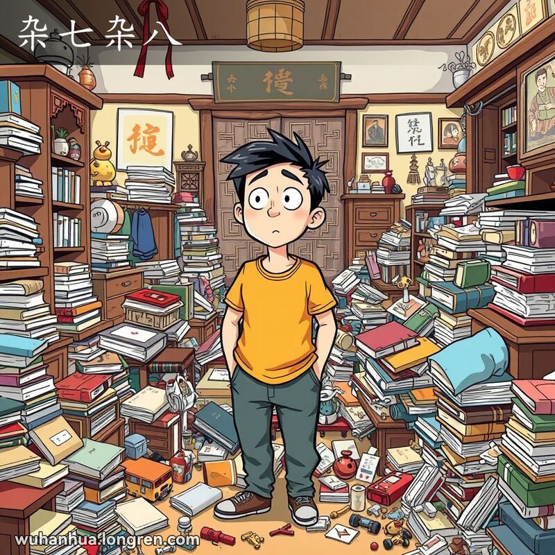 一个杂乱的房间，地上散落着各种小物件，一位武汉市民站在中央，露出困惑的表情，体现“杂七杂八”的语义。