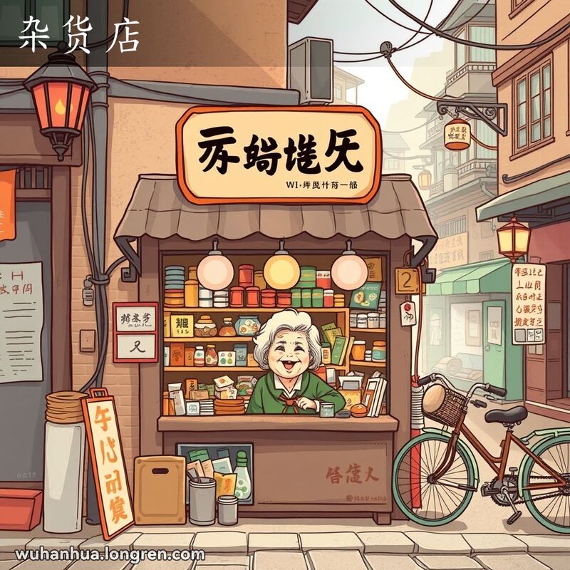 一条繁忙的武汉老街，一间挂着“杂货店”招牌的小店，店内摆满各种日常用品，店主是一位微笑的老奶奶，背景有老式街灯和自行车。