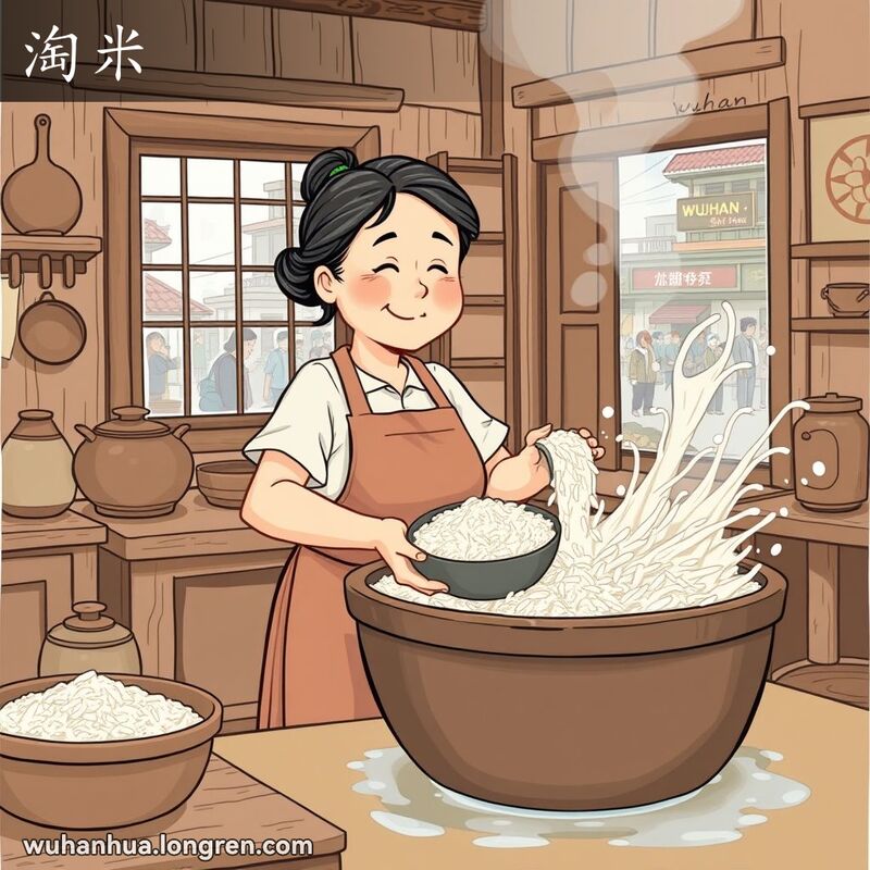 一位中年妇女在传统厨房中淘米，水花四溅，背景是老式厨房用具和窗外的武汉街景