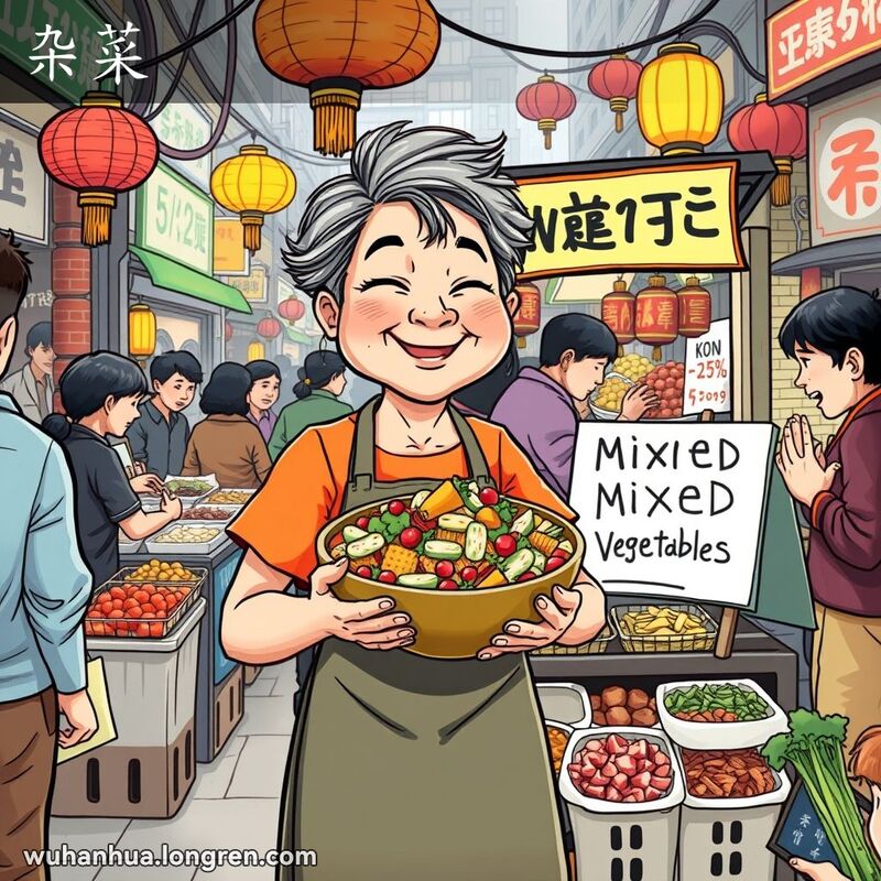 一位中年妇女在武汉街头市场摊位前，手持一大碗杂菜，背景是热闹的市场景象