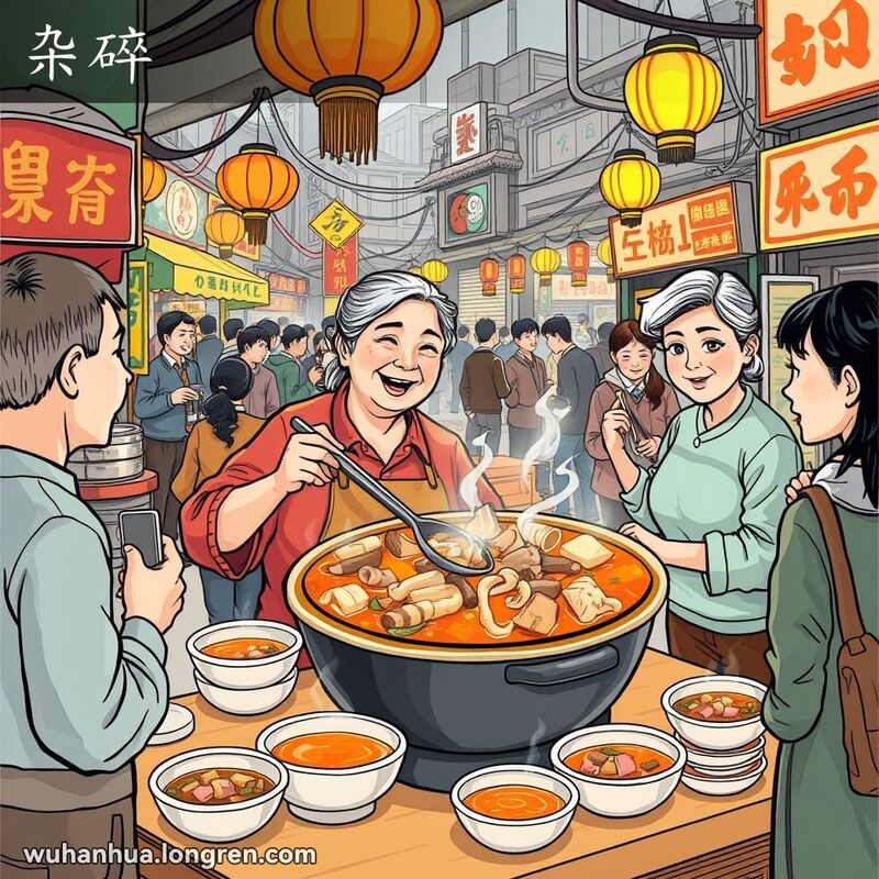 武汉街头市场，摊位上有一大锅冒着热气的杂碎汤，摊主在为顾客盛汤，背景是热闹的市场场景。