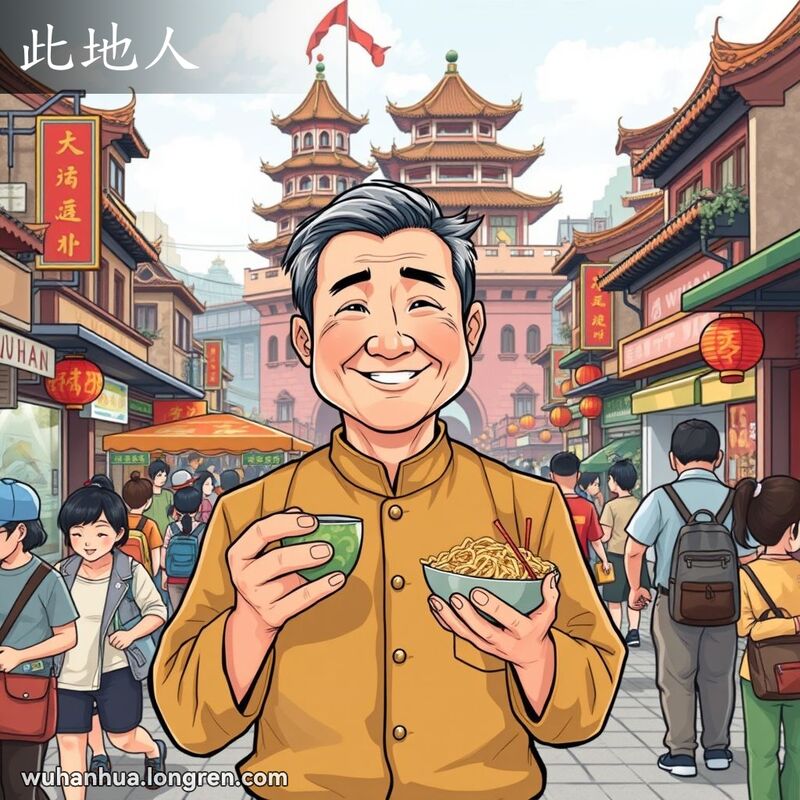 一位中年男子在武汉街头手持热干面，背景是黄鹤楼，表现出本地居民的形象