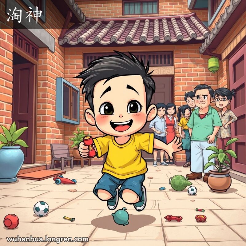 一位武汉小孩在传统庭院中奔跑嬉戏，手持小玩具，脸上带着调皮的笑容，准备捣蛋，背景是老式建筑和绿植
