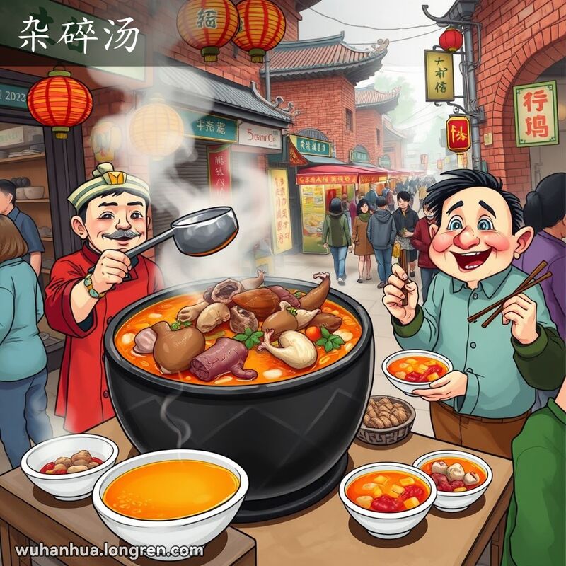 武汉街头市场，大铁锅煮着杂碎汤，摊主用大勺子舀汤，顾客享受杂碎汤，背景是武汉老街景