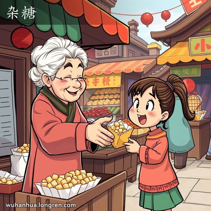 武汉街头市场，一个老妇人在摊位上卖'杂糖'，小女孩兴奋地接过一袋'杂糖'。