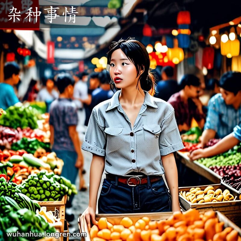 一位年轻的武汉女子站在热闹的市场中，双手叉腰，脸上露出惊讶和不满的表情，背景是繁忙的市场摊位和摊贩。