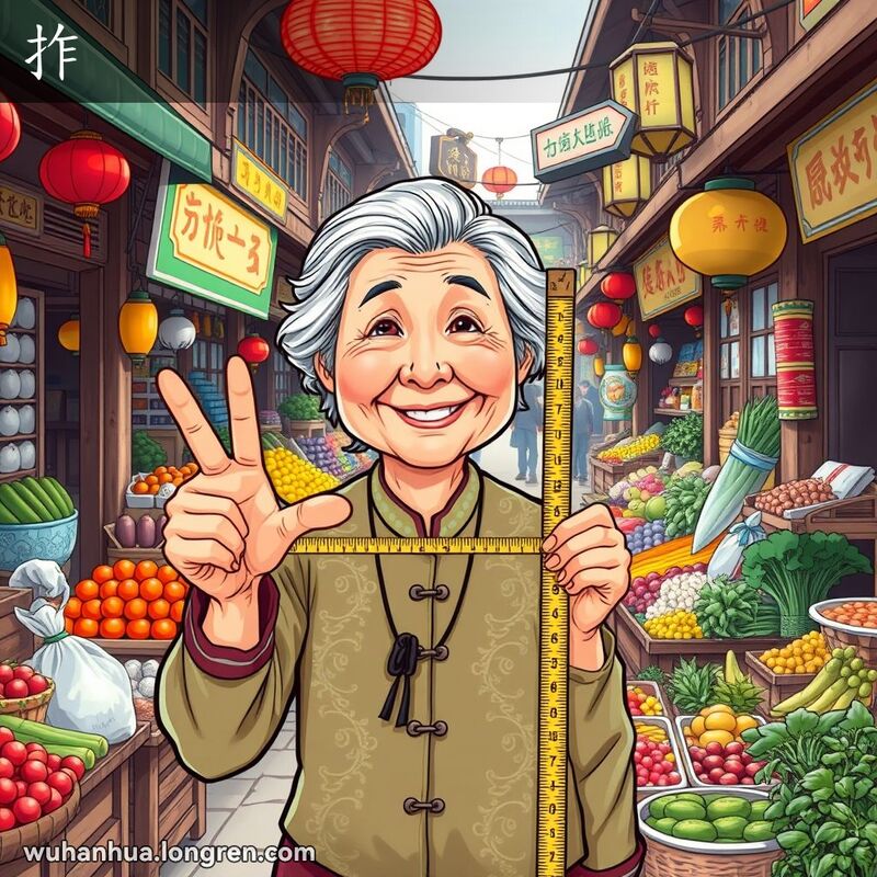 一位老妇人在武汉街市用拇指和食指比划“一拃”的长度，背景是热闹的市场摊位和各种水果、蔬菜
