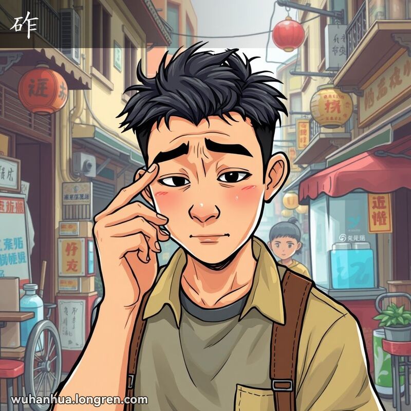 一个人在武汉夏天的闷热天气中，显得非常不舒服，额头冒汗，衣服紧贴皮肤，背景有老建筑和卖冷饮的小贩。