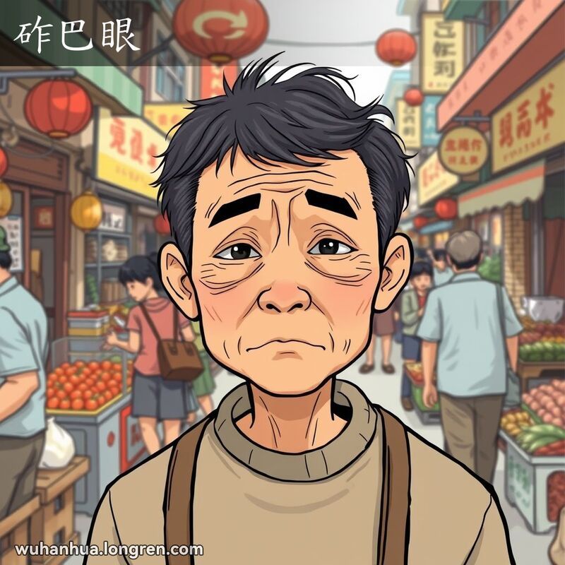 一位眼眵多的人站在武汉市场中，眼角布满皱纹，显得疲惫或苍老，背景是热闹的市场场景。