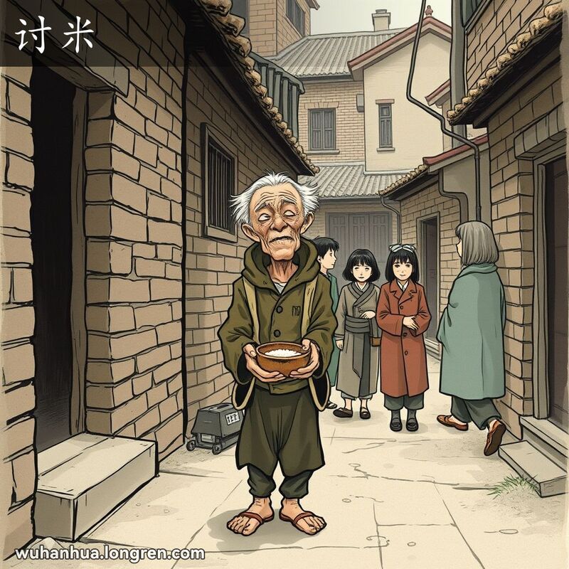 一位穿着破旧衣服的老人站在武汉老街的门口，手持一个旧碗，脸上带着希望和疲惫的表情，背景是简朴的传统街景，几位路人投以同情的目光。
