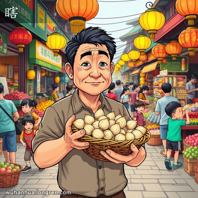 一位中年武汉男子在市场中手持未成熟的莲子，脸上露出困惑和失望的表情，背景是热闹的市场摊位