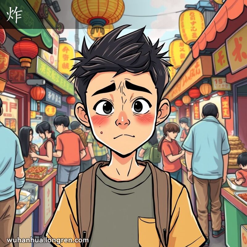 一位年轻的武汉市民在热闹的市场中，显得非常焦急，额头冒汗，脸色涨红，仿佛马上要有突然的反应。