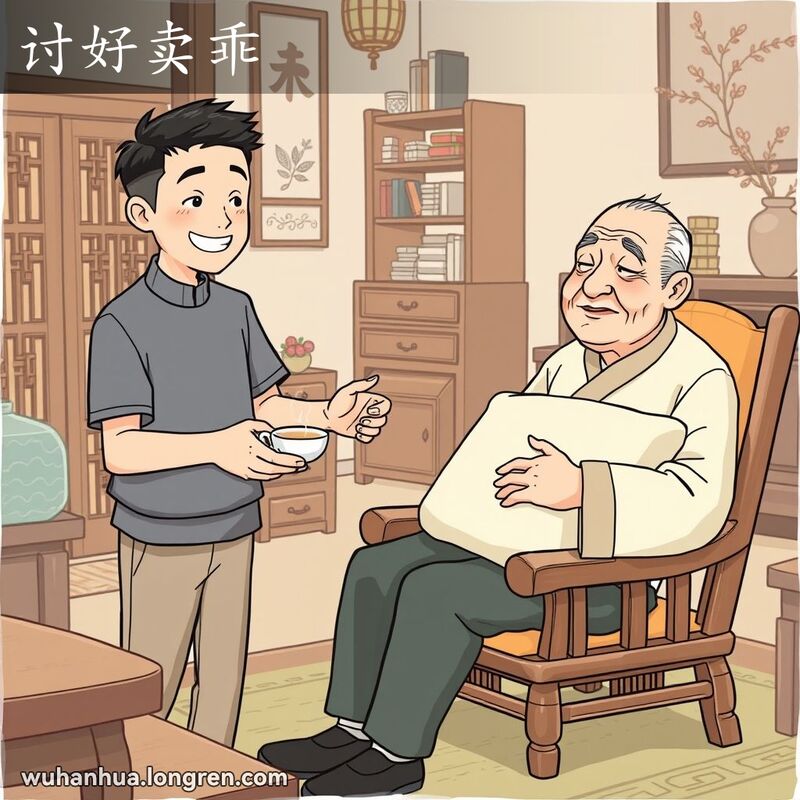 一位年轻人在长辈面前尽力讨好，背景是武汉家庭环境