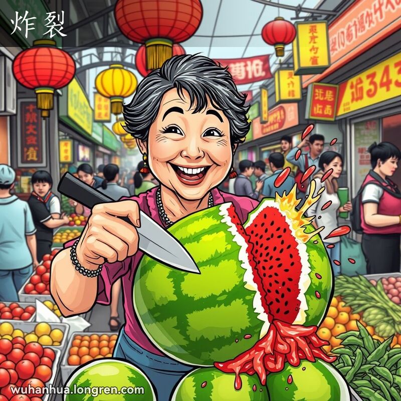 武汉街头市场，摊贩切开西瓜，西瓜炸裂，汁水四溅，背景有其他摊贩和顾客。