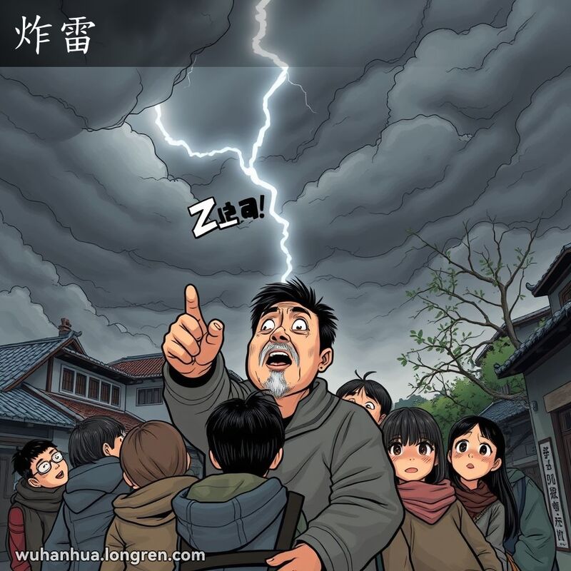 乌云密布的天空，闪电划破长空，一群人惊恐地挤在一起，仰望天空，主角指着天空，露出震惊的表情，背景是武汉的传统建筑和狭窄的巷子。