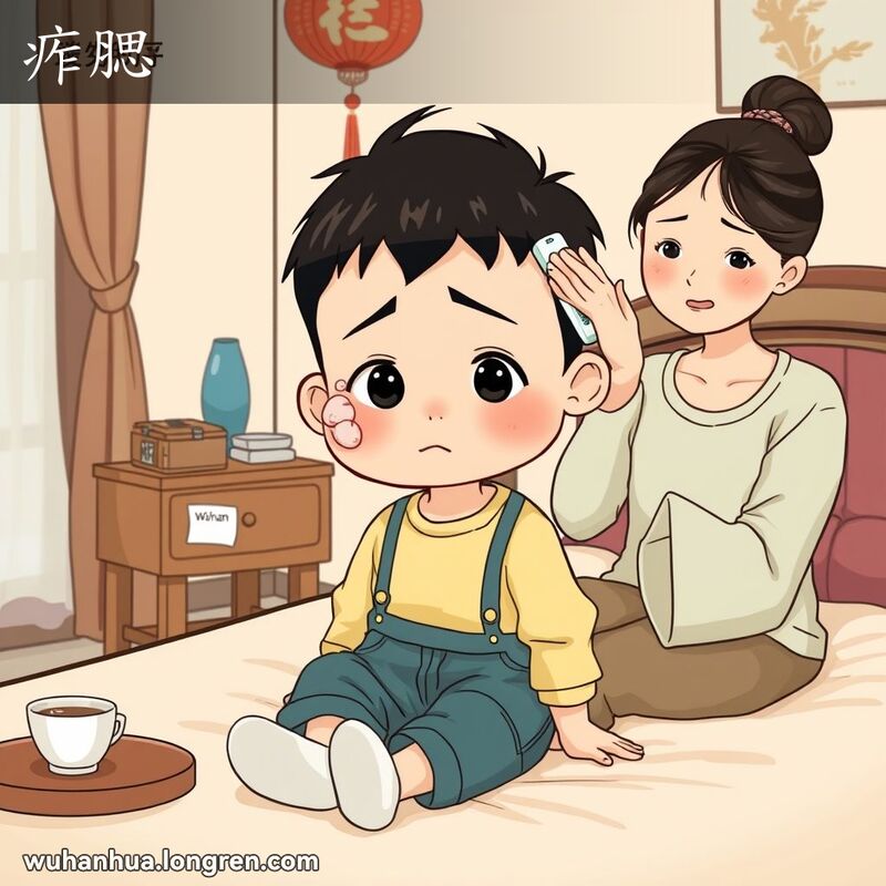 一位武汉儿童坐在床上，脸颊和耳朵前部肿胀，母亲在旁边关切地照顾，背景是温馨的卧室