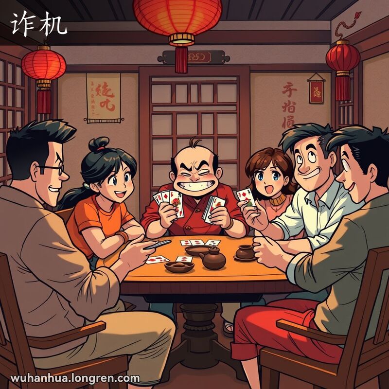 一群朋友围坐在桌旁玩牌，一人手持牌露出狡黠的笑容，试图欺骗其他人，背景是温馨的房间，有红色灯笼和木质茶具。