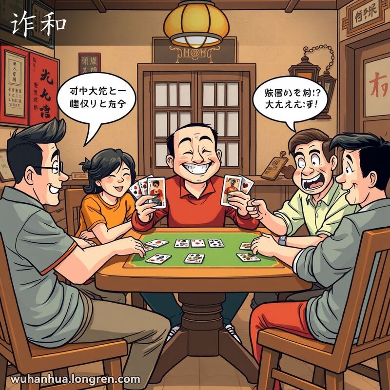 一群朋友在武汉传统房间内打牌，一位玩家手持不符合胜利条件的牌自信地宣布胜利，其他玩家露出惊讶表情