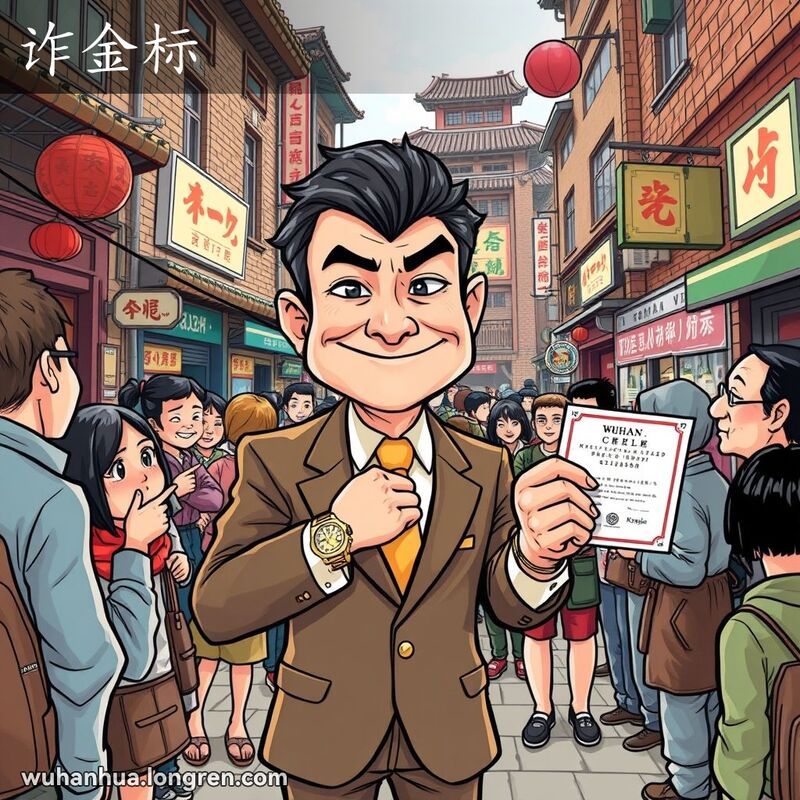 一个穿着花哨西装、戴着假金表的男子在武汉街头欺骗人群，背景是武汉老街景