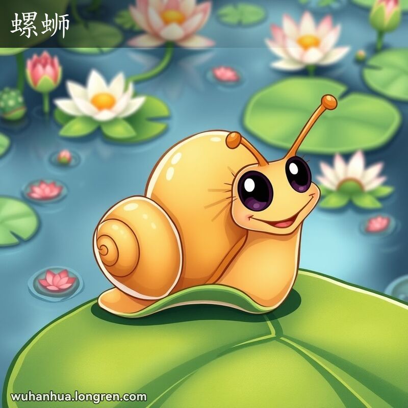 一只小巧的螺蛳在绿叶上，背景是宁静的池塘和荷花