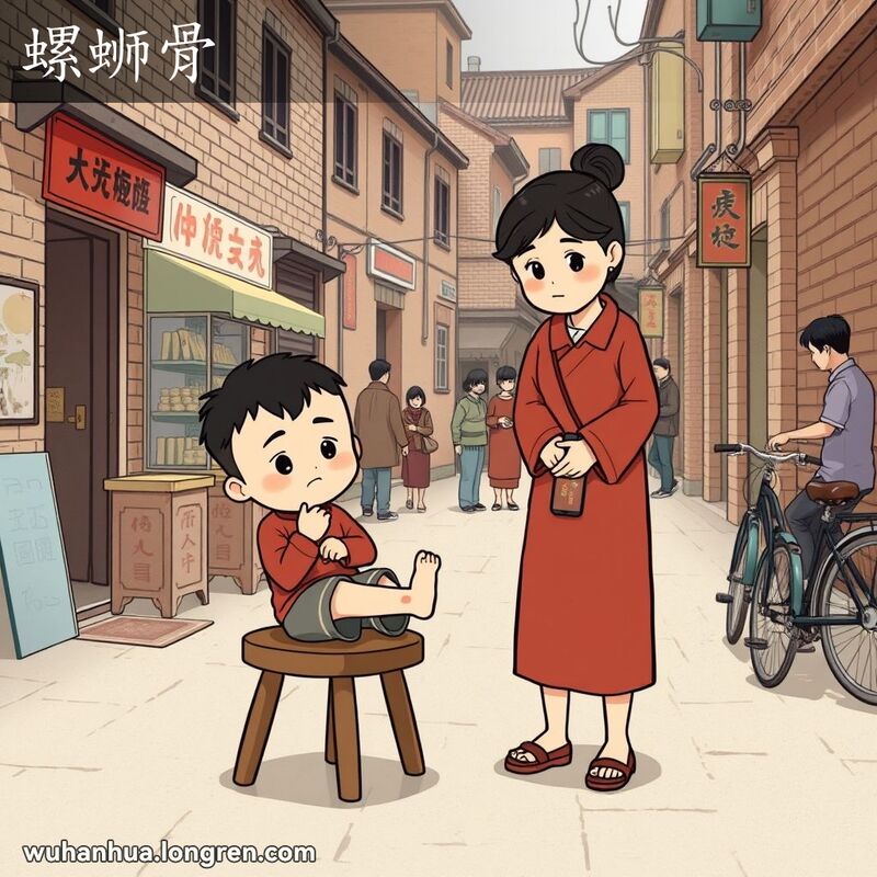 一位武汉孩子坐在小木凳上，揉着脚踝，母亲站在一旁，背景是武汉老街景