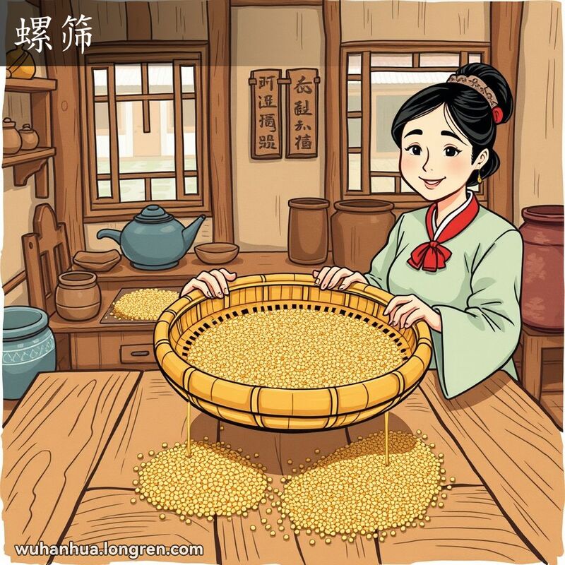 一位妇女在传统武汉厨房中用竹制筛子筛选谷物，细小的谷物通过筛孔落下，粗大的谷物留在筛子上，背景是老式厨房用具和武汉街景。